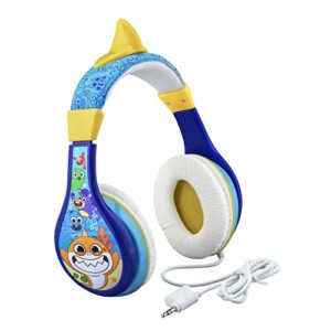 ekids baby shark headphones for kids, wired headphones for school, home or travel, tangle free toddler headphones with volume control, 3.5mm jack, includes headphone splitter