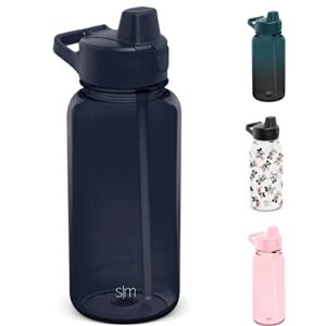 simple modern 32oz water bottle with push button silicone straw lid & motivational measurement markers | bpa-free plastic sports bottle reusable for gym, travel | summit collection | deep ocean