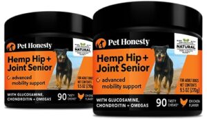 pet honesty senior dog joint supplement | senior hemp mobility - glucosamine for dogs, hemp oil & hemp powder, dog joint pain relief - turmeric, msm, green-lipped mussel, may reduce discomfort (180ct)
