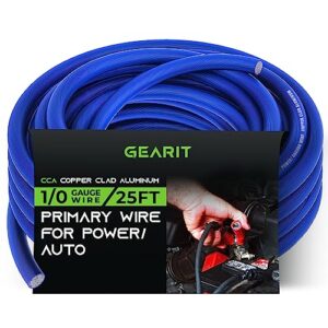 gearit 1/0 gauge wire (25ft - blue translucent) copper clad aluminum cca - primary automotive wire power/ground, battery cable, car audio speaker, rv trailer, amp, electrical 0ga awg 25 feet