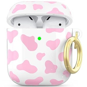 niutrendz cute cow print case for airpods case cover imd design hard tpu shockproof [front led visible] [wireless charging] protective skin compatiable with airpods 2&1 (pink)