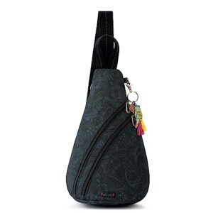 sakroots women's go sling backpack in nylon eco twill, black tonal spirit desert, one size