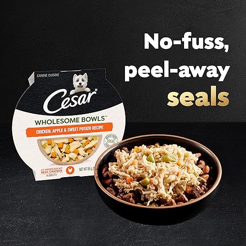 CESAR WHOLESOME BOWLS Adult Soft Wet Dog Food Variety Pack, Beef, Chicken, Carrots, Barley & Green Beans Recipe and Chicken, Apple & Sweet Potato Recipe, (6) 3 oz. Bowls