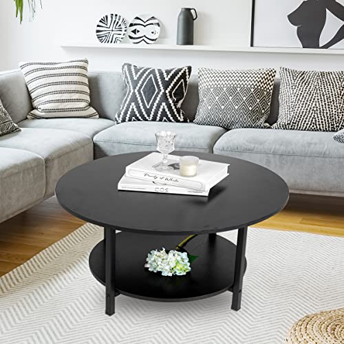 TOYSINTHEBOX Round Coffee Tables, Accent Table Sofa Table Tea Table with Storage 2-Tier for Living Room, Office Desk, Balcony, Wood Desktop and Metal Legs, Black 27.6 Inches