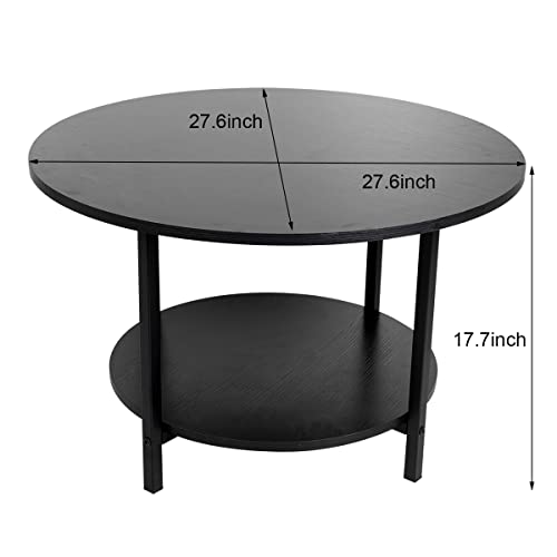 TOYSINTHEBOX Round Coffee Tables, Accent Table Sofa Table Tea Table with Storage 2-Tier for Living Room, Office Desk, Balcony, Wood Desktop and Metal Legs, Black 27.6 Inches