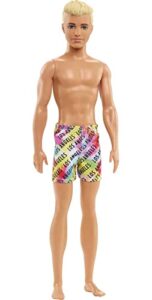 barbie ken beach doll with blond hair dressed in colorful los angeles-print swim trunks