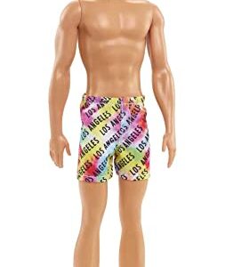 Barbie Ken Beach Doll with Blond Hair Dressed in Colorful Los Angeles-Print Swim Trunks