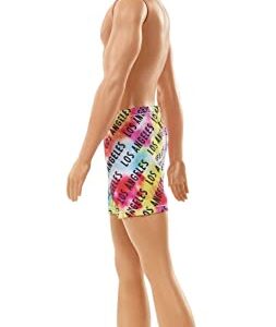 Barbie Ken Beach Doll with Blond Hair Dressed in Colorful Los Angeles-Print Swim Trunks