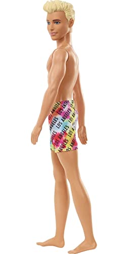 Barbie Ken Beach Doll with Blond Hair Dressed in Colorful Los Angeles-Print Swim Trunks