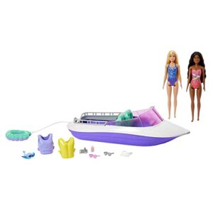 barbie mermaid power dolls & toy boat playset, "malibu" & "brooklyn" in 18-in floating boat with see-through bottom & accessories