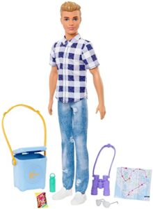 barbie it takes two doll & accessories, camping set with cooler, map & more, blonde ken doll with blue eyes in plaid shirt