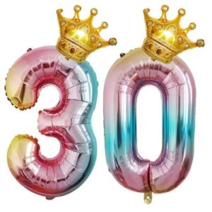 chaungfu crown 40 inch large happy birthday number foil balloon birthday party decorations supplies 30th birthday party decorations gradient color number balloon 30 with mini crown, multi-colored