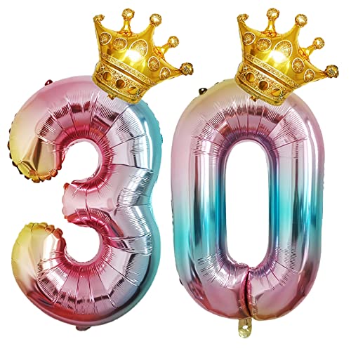 Chaungfu Crown 40 inch Large Happy Birthday Number Foil Balloon Birthday Party Decorations Supplies 30th Birthday Party Decorations Gradient Color Number Balloon 30 with Mini Crown, Multi-colored