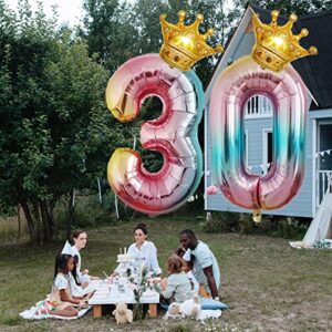 Chaungfu Crown 40 inch Large Happy Birthday Number Foil Balloon Birthday Party Decorations Supplies 30th Birthday Party Decorations Gradient Color Number Balloon 30 with Mini Crown, Multi-colored