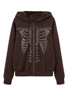 floerns women's long sleeve zip up skeleton hoodie graphic sweatshirt jackets coffee brown l