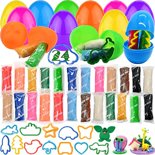 48PCS Easter Modeling Clay Kit, 12 Easter Eggs Filled with 24 Air Dry Clay Play Dough Butter Slime, 12 Tools for Kids Easter Eggs Hunt Event, Easter Basket Stuffers Fillers, Easter Gift Party Favor