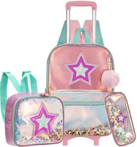 jsmniai girls rolling backpacks wheels roller backpack laptop travel luggage with lunch box for elementary girls students
