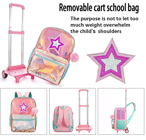 JSMNIAI Girls Rolling Backpacks Wheels Roller Backpack Laptop Travel Luggage with Lunch Box for Elementary Girls Students