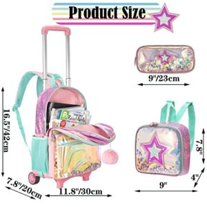 JSMNIAI Girls Rolling Backpacks Wheels Roller Backpack Laptop Travel Luggage with Lunch Box for Elementary Girls Students