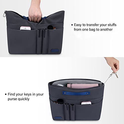 HyFanStr Purse Organizer Insert for Handbags,Tote Bag Organizer Insert Zipper Bag for Women, Handbag Organizer Inside Liner with 15 Pockets, Gray L