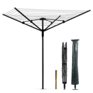 nisorpa rotary outdoor umbrella drying rack adjustable height clothesline w/waterproof protective cover folding rotary dryer with 4-aluminum arms and steel post | 12-lines with 165 ft. clothesline