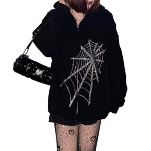 womens y2k rhinestone spider web zip up hoodies vintage harajuku oversized long sleeve e girl streetwear hoody with pocket (l, black)