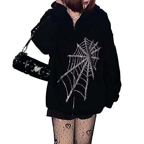 Womens Y2k Rhinestone Spider Web Zip Up Hoodies Vintage Harajuku Oversized Long Sleeve E Girl Streetwear Hoody with Pocket (L, Black)