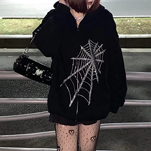 Womens Y2k Rhinestone Spider Web Zip Up Hoodies Vintage Harajuku Oversized Long Sleeve E Girl Streetwear Hoody with Pocket (L, Black)