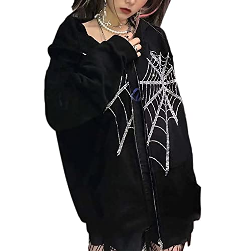 Womens Y2k Rhinestone Spider Web Zip Up Hoodies Vintage Harajuku Oversized Long Sleeve E Girl Streetwear Hoody with Pocket (L, Black)