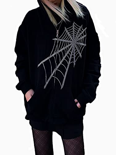 Womens Y2k Rhinestone Spider Web Zip Up Hoodies Vintage Harajuku Oversized Long Sleeve E Girl Streetwear Hoody with Pocket (L, Black)