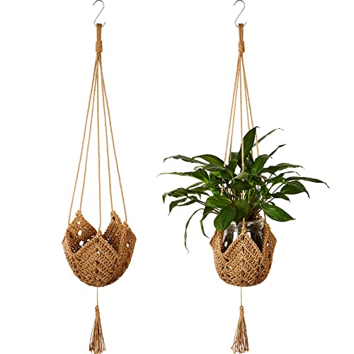 Shappy 2 Packs Macrame Plant Hangers Jute Crochet Plant Indoor Boho Hanger Large Hanging Wall Plants with 2 S Shaped Hooks for Outdoor Home Decorations Fence Planters Plant Flower Pots