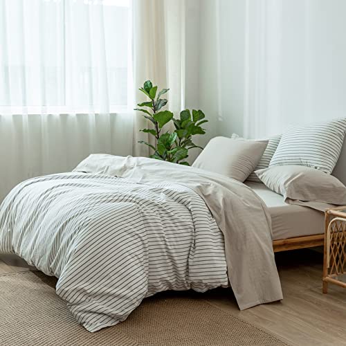 MooMee Bedding Sheet Set 100% Washed Cotton Linen Like Textured Breathable Durable Soft Comfy (Cream Grey, King)