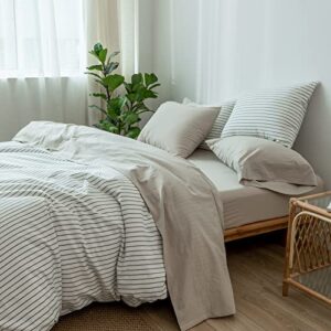 moomee bedding sheet set 100% washed cotton linen like textured breathable durable soft comfy (cream grey, king)