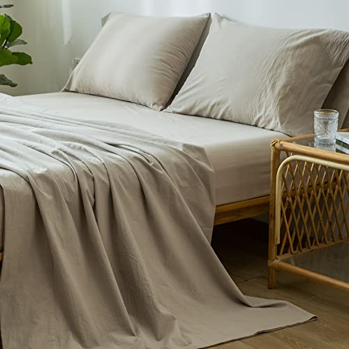 MooMee Bedding Sheet Set 100% Washed Cotton Linen Like Textured Breathable Durable Soft Comfy (Cream Grey, King)