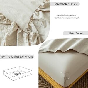 MooMee Bedding Sheet Set 100% Washed Cotton Linen Like Textured Breathable Durable Soft Comfy (Cream Grey, King)