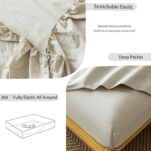 MooMee Bedding Sheet Set 100% Washed Cotton Linen Like Textured Breathable Durable Soft Comfy (Cream Grey, King)