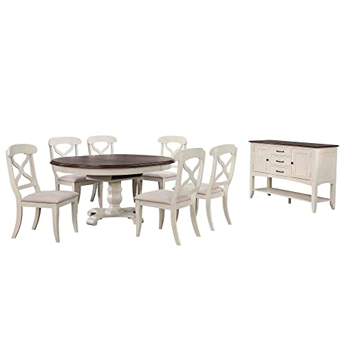 Sunset Trading Andrews 8 Piece 48" Round or 66" Oval Extendable Butterfly Leaf Table | Side Board | Antique White and Chestnut Brown | Seats 6 Dining Room Sets, Two Size Extension