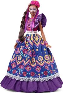 barbie signature doll, 2022 dia de muertos collectible, traditional ruffled dress with flower crown & calavera face paint