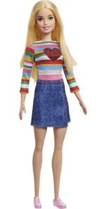barbie it takes two doll, malibu fashion doll with blonde hair, rainbow shirt, denim skirt & pink shoes