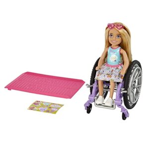 barbie chelsea doll & wheelchair with moving wheels, ramp, sticker sheet & accessories, small doll with blond hair