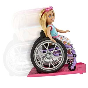 Barbie Chelsea Doll & Wheelchair with Moving Wheels, Ramp, Sticker Sheet & Accessories, Small Doll with Blond Hair