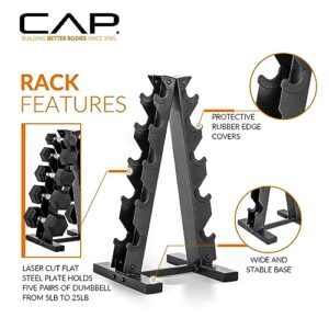 CAP Barbell 150 LB Coated Hex Dumbbell Weight Set with Vertical Rack, Black, New Edition