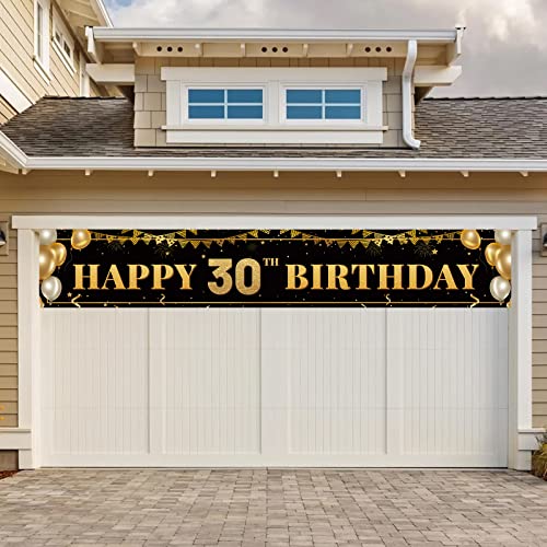 Large Happy 30th Birthday Decoration Banner, Black and Gold Happy 30th Birthday Banner Sign, 30th Birthday Party Decorations Supplies(9.8x1.6ft)