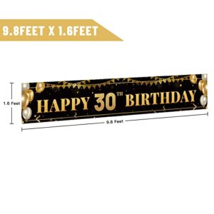 Large Happy 30th Birthday Decoration Banner, Black and Gold Happy 30th Birthday Banner Sign, 30th Birthday Party Decorations Supplies(9.8x1.6ft)