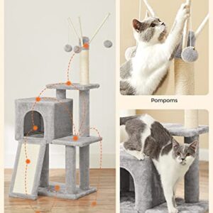 Feandrea Cat Tree, Small Cat Tower for Indoor Cats, Kittens, Multi-Level Plush Cat Condo, 16.5 x 12.6 x 46.5 Inches, Scratching Post, Ramp, 3 Removable Pompom Sticks, Cat Cave, Light Gray UPCT143W01