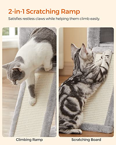 Feandrea Cat Tree, Small Cat Tower for Indoor Cats, Kittens, Multi-Level Plush Cat Condo, 16.5 x 12.6 x 46.5 Inches, Scratching Post, Ramp, 3 Removable Pompom Sticks, Cat Cave, Light Gray UPCT143W01