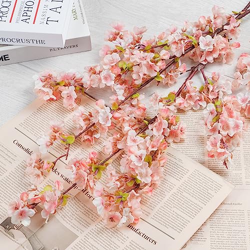 Sunm Boutique 3PCS Cherry Blossom Branches, Pink Plum Blossom Flowers Artificial Cherry Blossom Decor Tree Stems Faux Cherry Flowers Vase for Wedding Home Table Party Beach Theme Decor, 39''