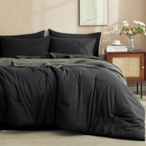 phf 7 pieces california king comforter set, bed in a bag comforter & 16" sheet set all season, ultra soft comfy bedding sets with comforter, sheets, pillowcases & shams, black