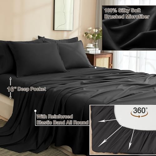 PHF 7 Pieces California King Comforter Set, Bed in A Bag Comforter & 16" Sheet Set All Season, Ultra Soft Comfy Bedding Sets with Comforter, Sheets, Pillowcases & Shams, Black