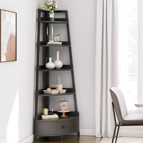 Seventable Corner Shelf with Drawer, 5-Tier Corner Bookshelf, Freestanding Corner Shelf Unit, Black Corner Bookcase, Corner Plant Stand for Living Room, Kitchen, Home Office